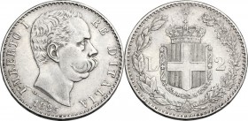 Umberto I (1878-1900). 2 Lire 1885. Pag. 595; Mont. 40. AG. 27.00 mm. RR. BB+.