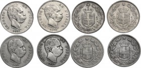 Umberto I (1878-1900). Lotto di quattro (4) monete da 1 Lira 1886, 1887, 1899 e 1900. AG. 23.00 mm.
