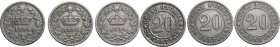 Umberto I (1878-1900). Lotto di tre (3) monete da 20 Centesimi 1894 Roma e Berlino e 1895 Roma. NI. 21.00 mm.