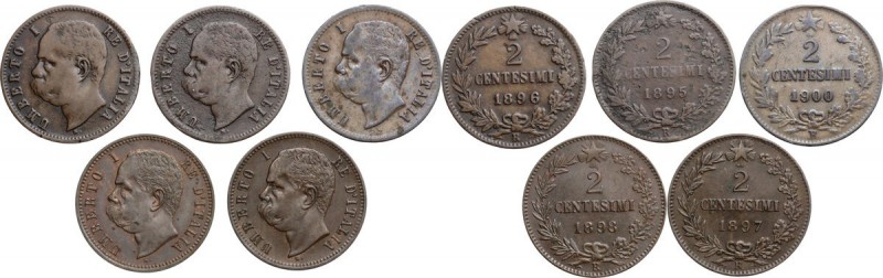 Umberto I (1878-1900). Lotto di cinque (5) monete. Serie completa dei 2 Centesim...