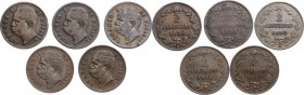 Umberto I (1878-1900). Lotto di cinque (5) monete. Serie completa dei 2 Centesimi 1895, 1896, 1897, 1898 e 1900. CU. 20.00 mm.