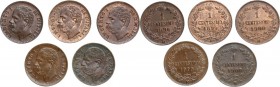 Umberto I (1878-1900). Lotto di cinque (5) monete da 1 Centesimo 1895, 1896, 1899 e 1900 (2). CU. 15.00 mm. Insieme di alta conservazione.