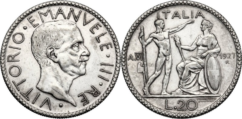 Vittorio Emanuele III (1900-1943),. 20 Lire A. VI, 1927. Pag. 672; Mont. 65. AG....
