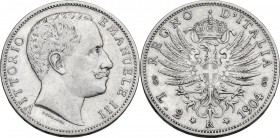 Vittorio Emanuele III (1900-1943). 2 lire 1904. Pag. 728; Mont. 143. AG. 27.00 mm. RR. BB.