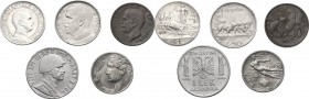 Vittorio Emanuele III (1900-1943). Lotto di 5 monete: Lira 1910, 50 centesimi 1921, 20 centesimi 1911, 10 centesimi 1923 e lek 1939. Pag. 743 e 762; M...