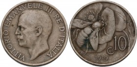 Vittorio Emanuele III (1900-1943),. 10 centesimi 1919. Pag. 864; Mont. 328. CU. 22.50 mm. RR. Leggerissimi colpetti al ciglio. qBB/BB.