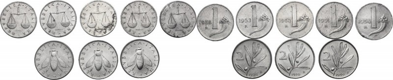 Lotto di otto (8) monete: 2 Lire 1954, 1959 e 1970; Lira 1951, 1952, 1953, 1954 ...