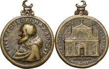 Pio V (1566 - 1572), Antonio Michele Ghislieri. Medaglia 1571. Consacrazione della chiesa di Santa Croce a Boscomarengo. PIVS V PONT OPT MAX ANNO VI. ...