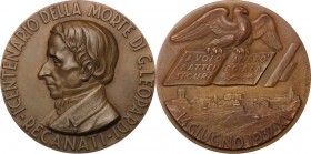Giacomo Leopardi (1798-1837). Medaglia 1937 per il primo centenario della morte. Casolari XV/112. AE. 60.00 mm. Opus: Peruzzi. SPL.