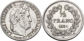 France. Louis Philippe I (1830-1848). 1/2 Franc 1834 Paris. Gad. 408. AR. 18.00 mm. EF.