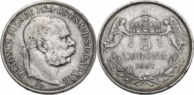 Germany. Bayern. Franz Joseph I of Austria (1848-1916). 5 Kronen 1907. Huszár 2201. Unger II 1492, J. 407. Frühwald 2108. AR. 36.00 mm. Minor scratche...