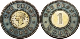 Great Britain. Victoria (1837-1901). One Penny model nd (1844). KM X 9. Nickel-zinc center in copper ring. Almost UNC.