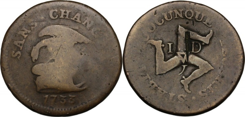 Isle of Man. James Stanley (1702-1736), Earl of Derby. Penny 1733. KM 5. AE. 9.2...