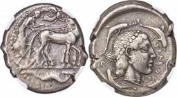 SICILY. Syracuse. Second Democracy (ca. 466-460 BC). AR tetradrachm (26mm, 17.53 gm, 6h). NGC Choice VF 4/5 - 5/5. Charioteer driving quadriga walking...