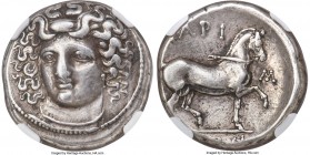 THESSALY. Larissa. Ca. mid-4th century BC. AR stater or didrachm (23mm, 12.16 gm, 6h). NGC XF 4/5 - 5/5, Fine Style. Head of nymph Larissa facing, tur...