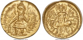 INDIA. Kushano-Sasanian. Imitating Vasudeva I (ca. AD 190-230). AV dinar (25mm, 7.99 gm, 12h). AU. Posthumous issue, ca. AD 255-310. ÞONONOÞOO BO-HOON...