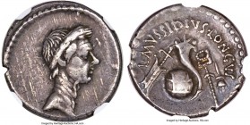 Divus Julius Caesar (49-44 BC). AR denarius (16mm, 3.72 gm, 10h). NGC Choice VF 4/5 - 4/5, edge cut. Rome, 42 BC, L. Mussidius Longus. Laureate head o...