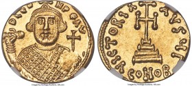 Leontius (AD 695-698). AV solidus (20mm, 4.46 gm, 6h). NGC Gem MS 5/5 - 5/5. Constantinople, 3rd officina. D LЄO-N PЄ AV, bust of Leontius facing, bea...