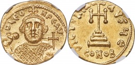 Leontius (AD 695-698). AV solidus (20mm, 4.49 gm, 6h). NGC Choice MS 4/5 - 5/5. Constantinople, 5th officina. D LЄO-N PЄ AV, bust of Leontius facing, ...