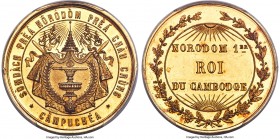 Norodom I gold Specimen "Coronation" Medal ND (1860) SP64 PCGS, Lec-116 var. (weight), Gad-Unl. 33mm. 17.85gm. By all indications a highly elusive typ...