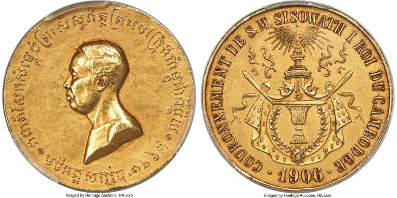 Sisowath I gold Matte Specimen "Coronation" Medal 1906 SP63 PCGS, Lec-130, Gad-2...
