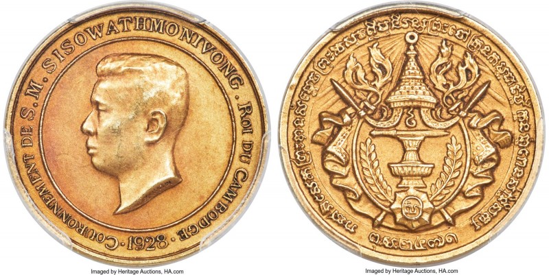 Sisowath Monivong gold Matte Specimen "Coronation" Medal 1928 SP62 PCGS, Lec-141...