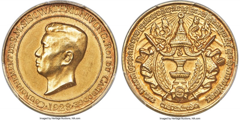 Sisowath Monivong gold Matte Specimen "Coronation" Medal 1928 SP62 PCGS, Lec-143...
