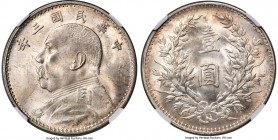 Republic Yuan Shih-kai Dollar Year 3 (1914) MS63 NGC, KM-Y329, L&M-63. Marked by a gratifying multi-point frost-white luster, which takes on a pleasin...