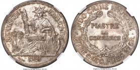 French Colony Piastre 1921-H MS65 NGC, Heaton mint, KM5a.3, Lec-297. A laudable silvery gem displaying a delicately placed patina over highly lustrous...