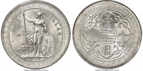 Edward VII Trade Dollar 1908/7-B MS64+ PCGS, Bombay mint, KM-T5, Prid-18. Blast white and highly lustrous, with a radiant cartwheel effect that proves...