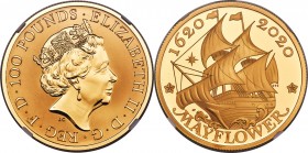 Elizabeth II gold Proof "Mayflower 400th Anniversary" 100 Pounds (1 oz) 2020 PR70 Ultra Cameo NGC, KM-Unl. Mintage: 500. A perfectly certified example...