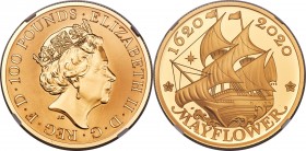 Elizabeth II gold Proof "Mayflower 400th Anniversary" 100 Pounds (1 oz) 2020 PR70 Ultra Cameo NGC, KM-Unl. Mintage: 500. The 88th coin struck in the t...