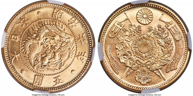 Meiji gold 5 Yen Year 6 (1873) MS66 NGC, Osaka mint, KM-Y11a, Fr-47. Nearly devo...