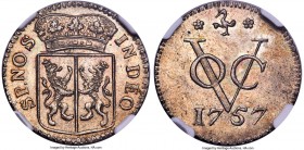 Dutch Colony. United East India Company silver Duit 1757 MS64 NGC, KM-PnB2, cf. Scholten-285 (listed only in Proof). Gelderland issue. Variety with se...