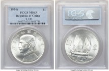 Republic Sun Yat-sen "Junk" Dollar Year 23 (1934) MS63 PCGS, KM-Y345, L&M-110. Choice in every respect, with blast white surfaces exhibiting rolling s...