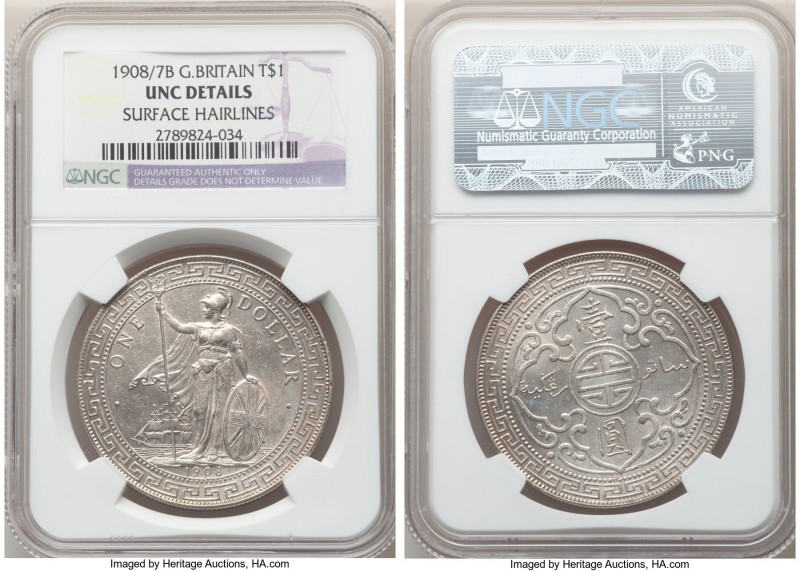 Edward VII Trade Dollar 1908/7-B UNC Details (Surface Hairlines) NGC, Bombay min...