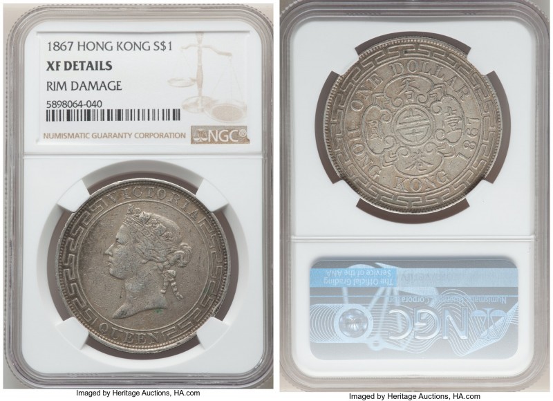 British Colony. Victoria Dollar 1867 XF Details (Rim Damage) NGC, KM10. Displayi...