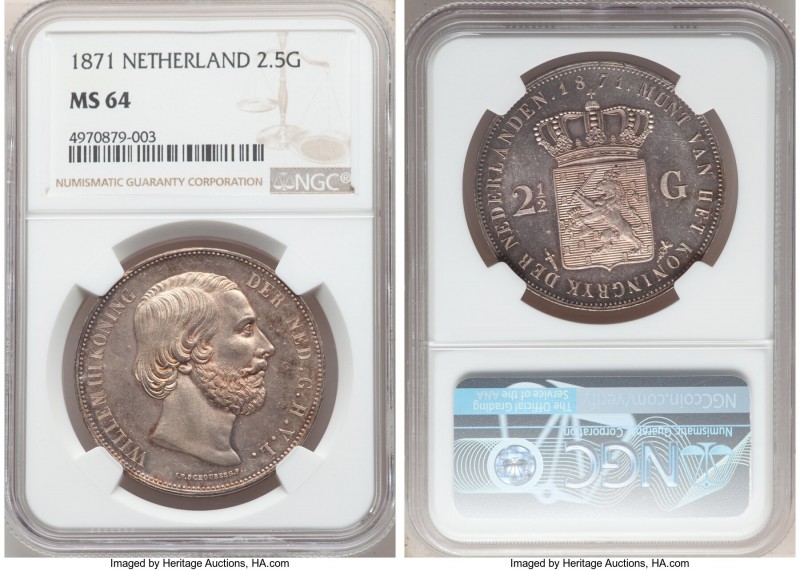 Willem III 2-1/2 Gulden 1871 MS64 NGC, KM82. Tinged in sunset red with a profoun...