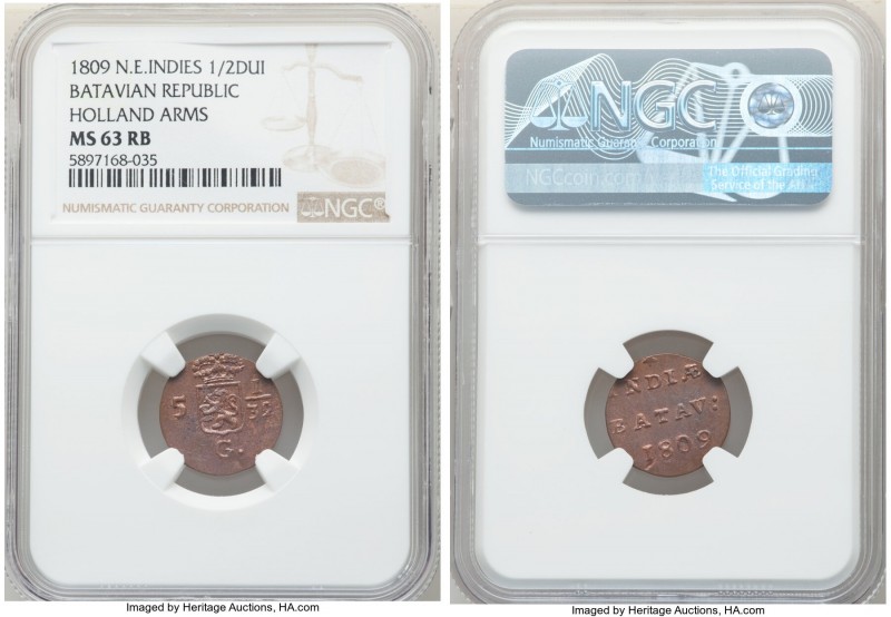 Dutch Colony. Batavian Republic 1/2 Duit 1809 MS63 Red and Brown NGC, KM75. Holl...