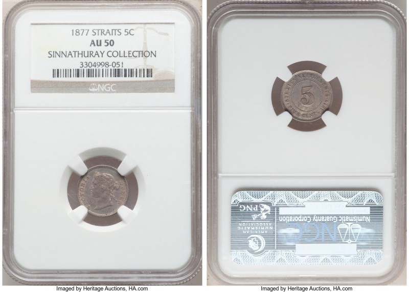 British Colony. Victoria 5 Cents 1877 AU50 NGC, KM10. Silver-toned and well-pres...