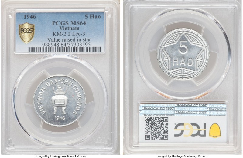 Democratic Republic 5 Hao 1946 MS64 PCGS, KM2.2, Lec-3. Value raised in star. 

...