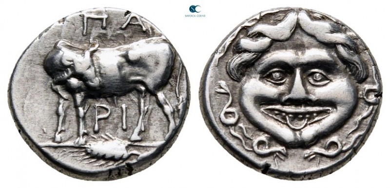 Mysia. Parion circa 400-300 BC. 
Hemidrachm AR

12 mm, 2,37 g

ΠΑ-ΡΙ; bull ...