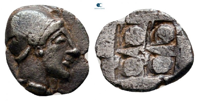 Ionia. Phokaia 521-478 BC. 
Obol AR

7 mm, 0,66 g

Helmeted female head rig...