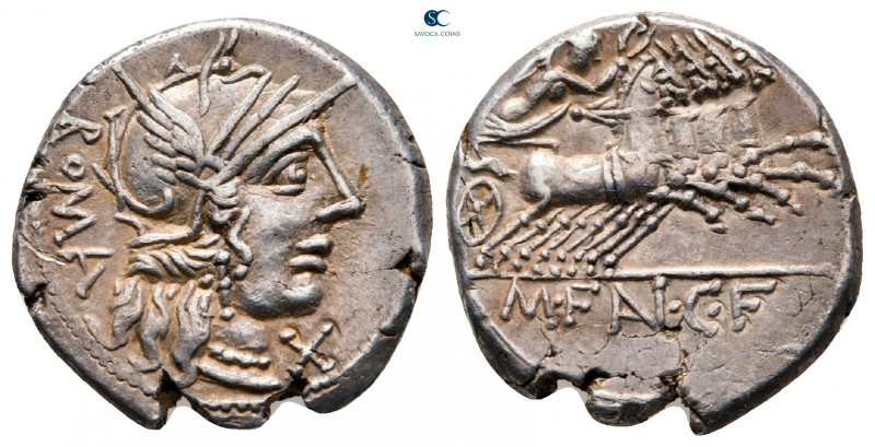 M. Fannius 123 BC. Rome
Denarius AR

18 mm, 3,95 g

Helmeted head of Roma r...