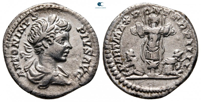 Caracalla AD 198-217. Rome
Denarius AR

18 mm, 2,94 g

ANTONINVS PIVS AVG, ...