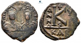 Justin II and Sophia AD 565-578. Dated RY 8? (572/3). Carthage mint. 6th officina. Half Follis or 20 Nummi Æ