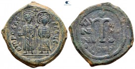 Phocas, with Leontia AD 602-610. Uncertain date. Constantinople. 2nd officina. Follis or 40 Nummi Æ