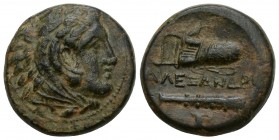 Kings of Macedon, Alexander III \'the Great\' Æ18. Lifetime issue. Macedonian mint, struck circa 336-323 BC. Head of Herakles right, wearing lion skin...