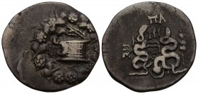 Phrygia, c. 76 BC, AR Cistophoric 
Tetradrachm, Apamea, Obv: Cista mystica with serpent emerging with wreath of ivy Rev: Two serpents entwined around...