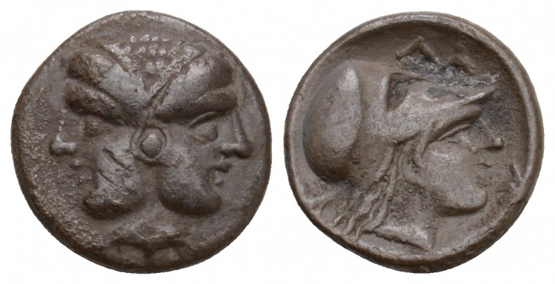 Mysia, Lampsakos AR Diobol. 4th-3rd century BC. Female janiform head, [dolphin r...